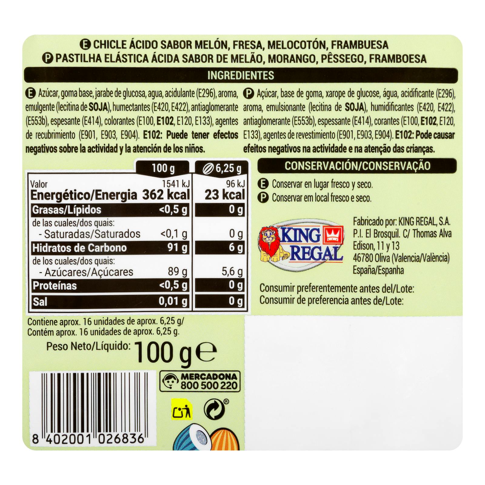 Chewing-gum au melon aigre Hacendado au goût de melon, fraise, pêche et framboise