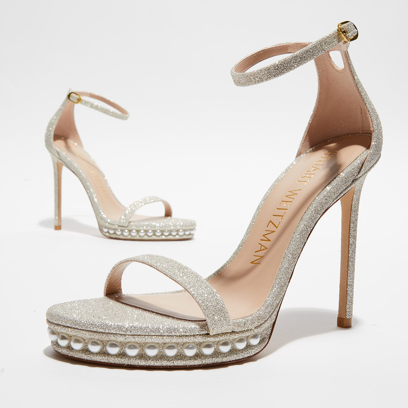 Stuart Weitzman Sandales à paillettes Nudistdisco Pearl platine - Talon 12 cm