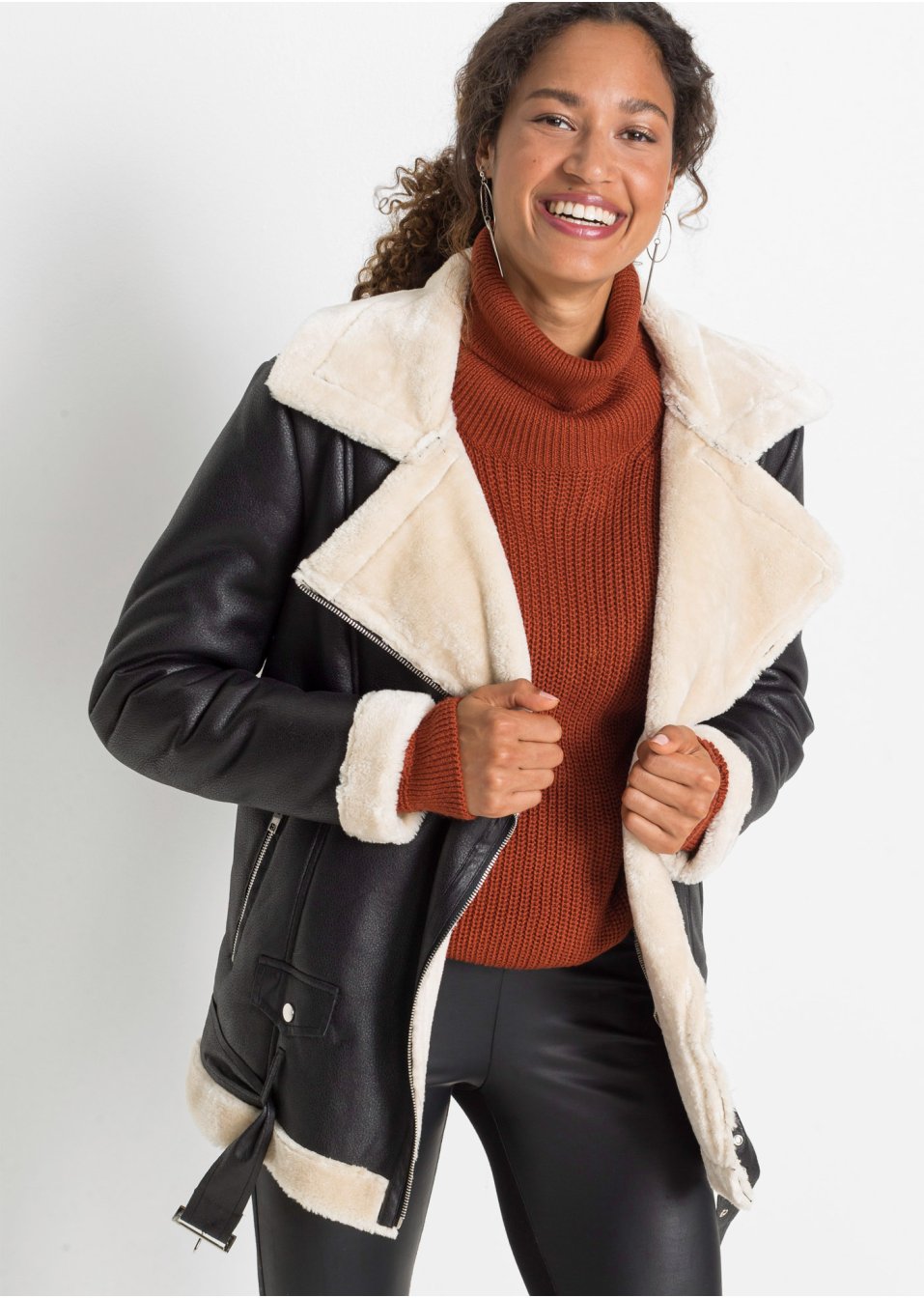 Veste biker longue avec doublure peluche