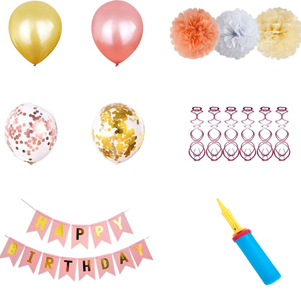(36-tlg. Set) Happy Birthday Girlande Geburtstags Party Deko Latex Luftballons mit Konfetti / Pompon's / Spiral Girlande / Luftpumpe - Rosa