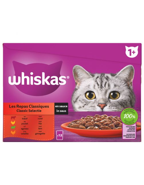 Whiskas 1+ Classic Selectie In Saus Maaltijdzakjes Multipack - Kattenvoer - 12x85 g