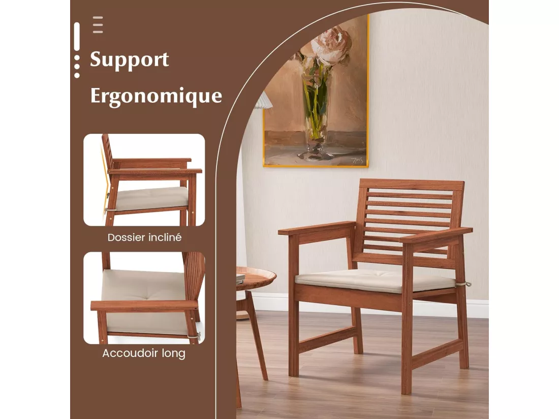 Lot de 2 Chaises de Jardin en Bois Massif avec Coussin Amovible, Fauteuil de Jardin à Lattes, Siège d’Extérieur pour Terrasse, Balcon, Porche, Bord de Piscine, Charge 120 KG