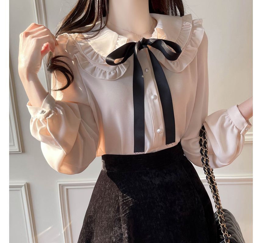 RONIN - Blouse met lange mouwen, gelaagde kraag, volantrand en strikaccent, knoopjes