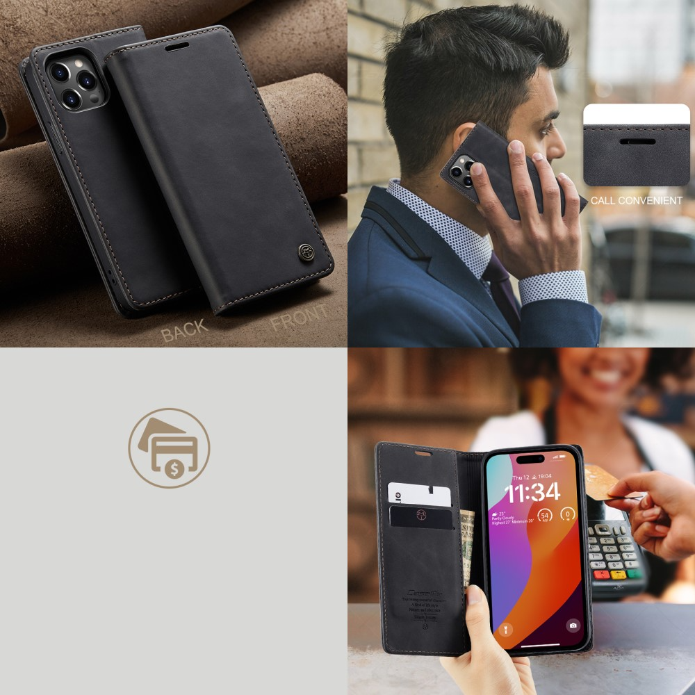iPhone 16 Pro Max Leder Tasche Flip Wallet Etui mit Kartenfächern - Schwarz