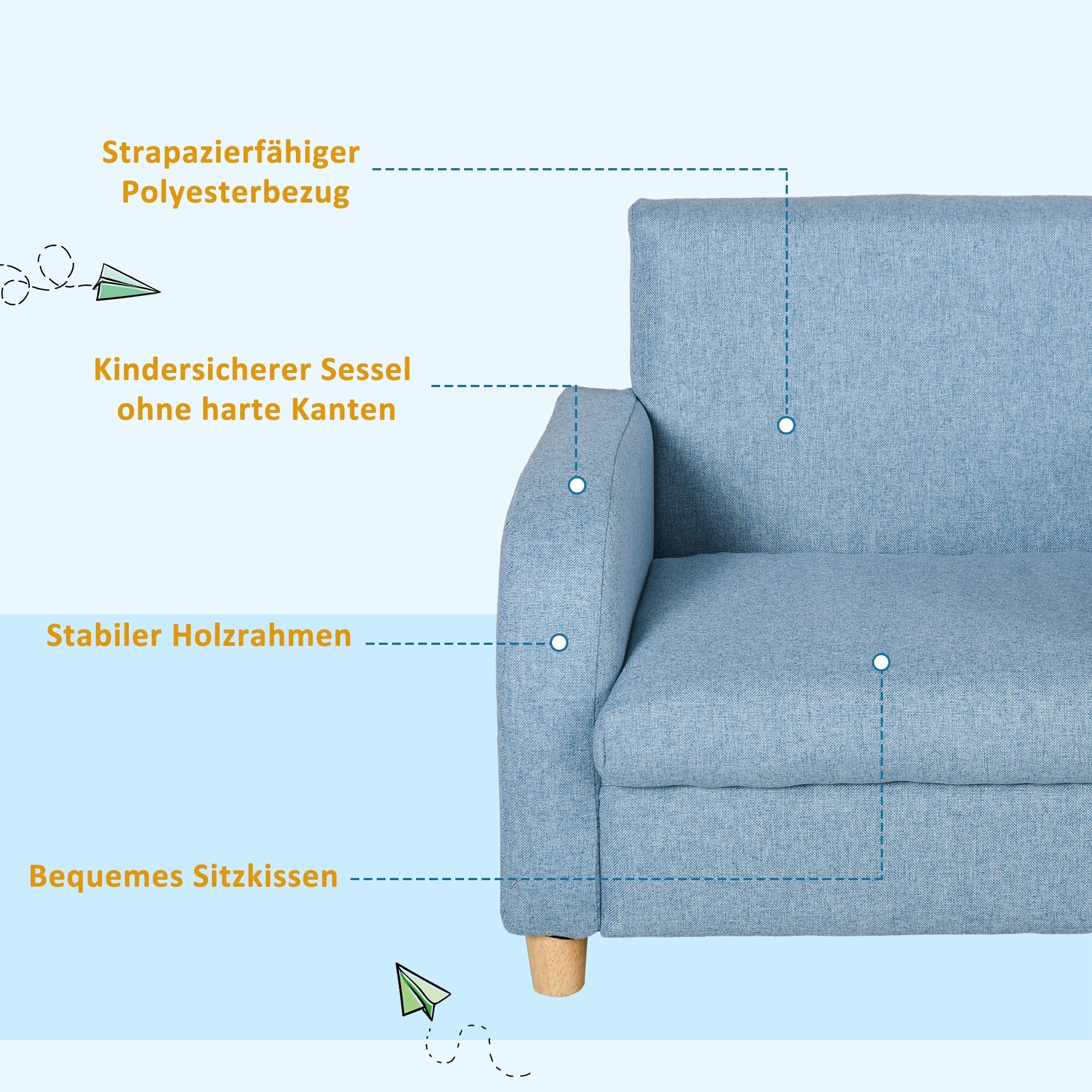 HOMCOM Kindersessel mit Holzfüßen blau 49L x 45B x 44,5H cm