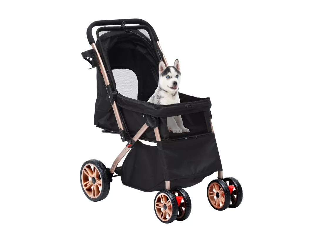 YITAHOME Poussette pour Chien Chat - avec Panier de Rangement - 4 Roulettes - Pliable - Noir