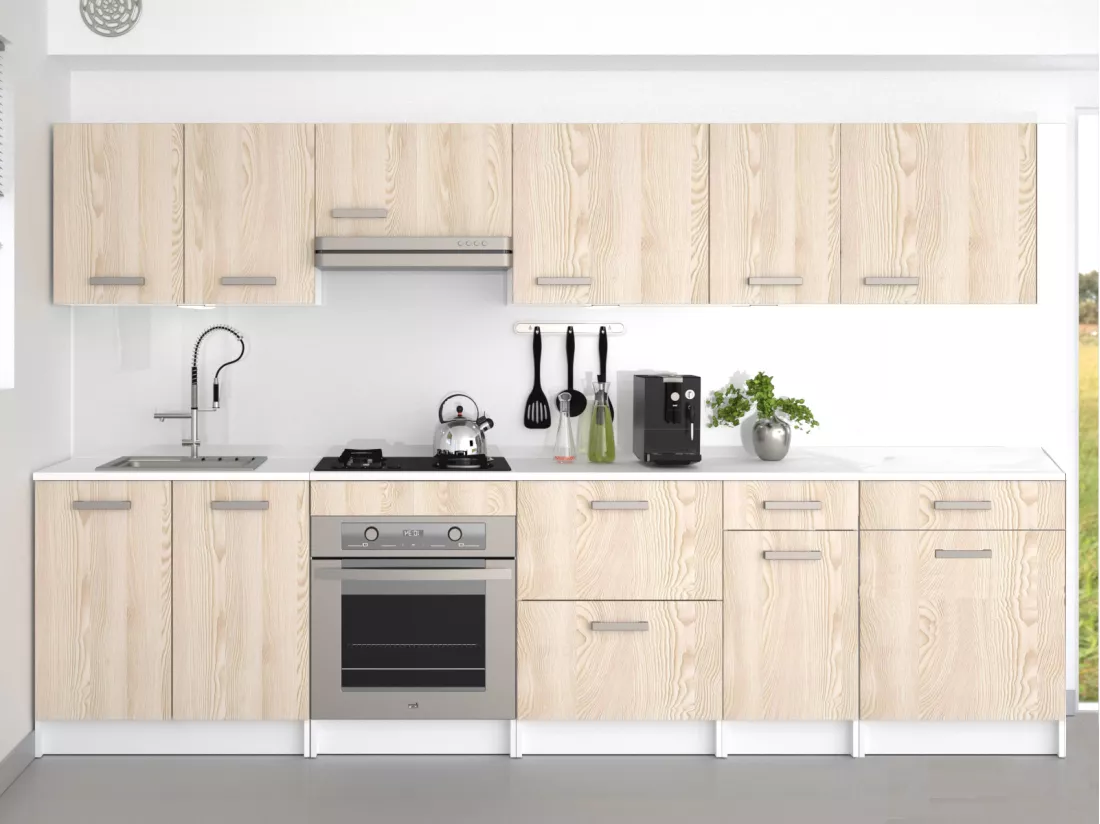 Cuisine complète - Avec plan de travail 300 cm - Naturel clair et Blanc - TRATTORIA