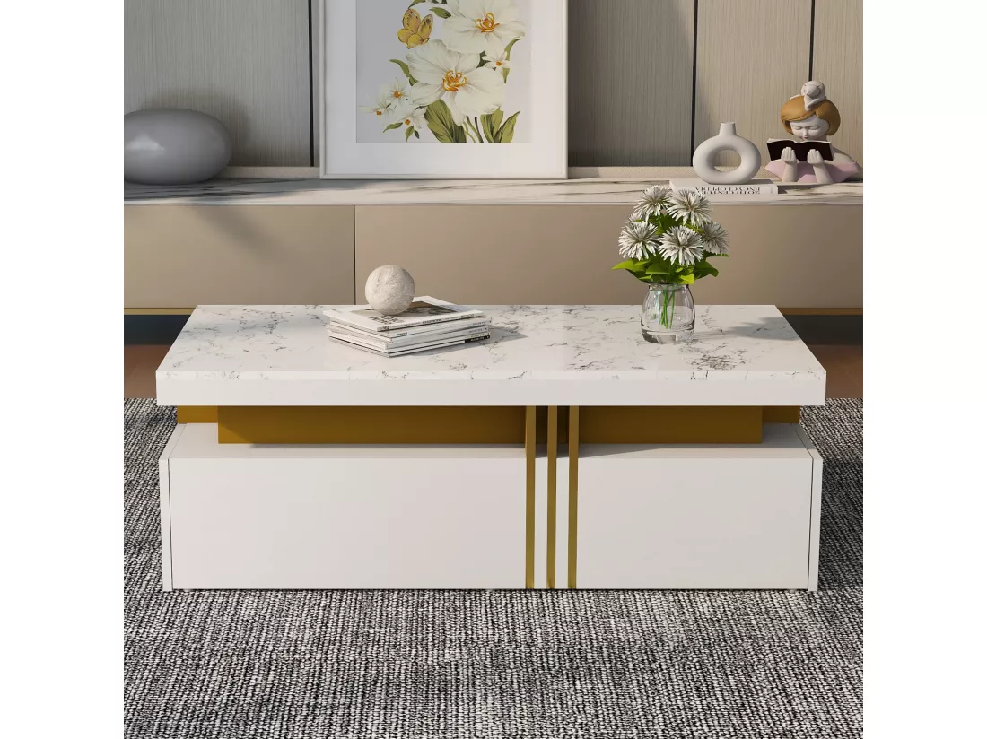 Table basse rectangulaire effet marbre blanche brillante avec 2 tiroirs 100*50*40 cm GEVREITS WHITE