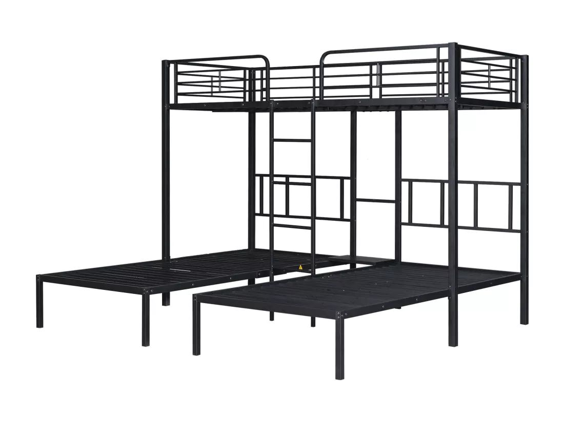Trois lits, lits superposés avec échelle pour enfants et adolescents, lit en fer avec dispositif anti - chute et table, Noir (90x200cm * 3)
