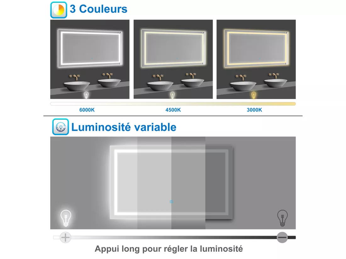 Miroir de salle de bain lumineux l.80 x H.60cm avec Anti-buée + 3 Couleurs + Dimmable, Mural Miroir lumineux