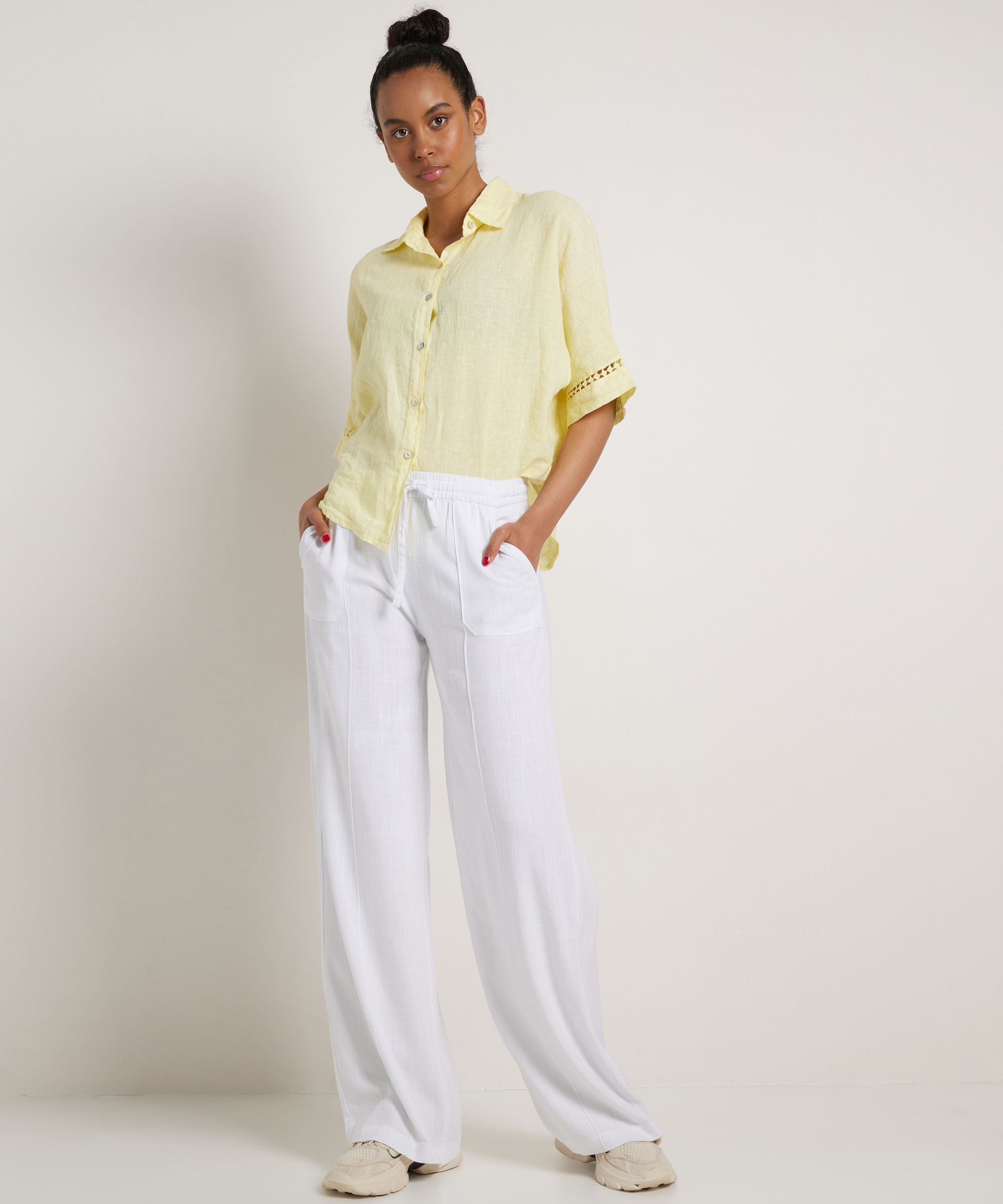 linnenlook wide fit broek met naad