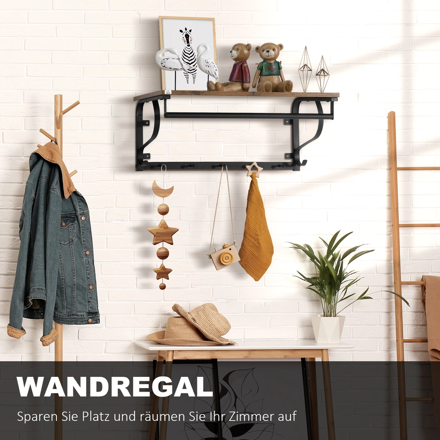 HOMCOM Wandregal mit 5 Haken braun