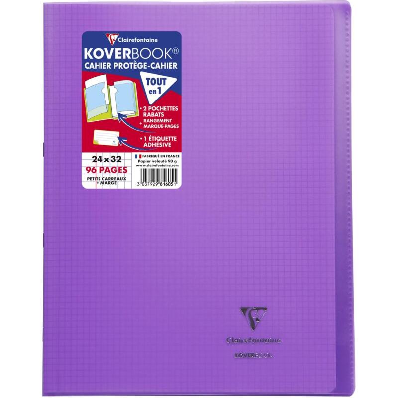 Cahier piqué Koverbook 24x32 cm 96 pages petits carreaux + marge couverture polypropylène transparent - Violet