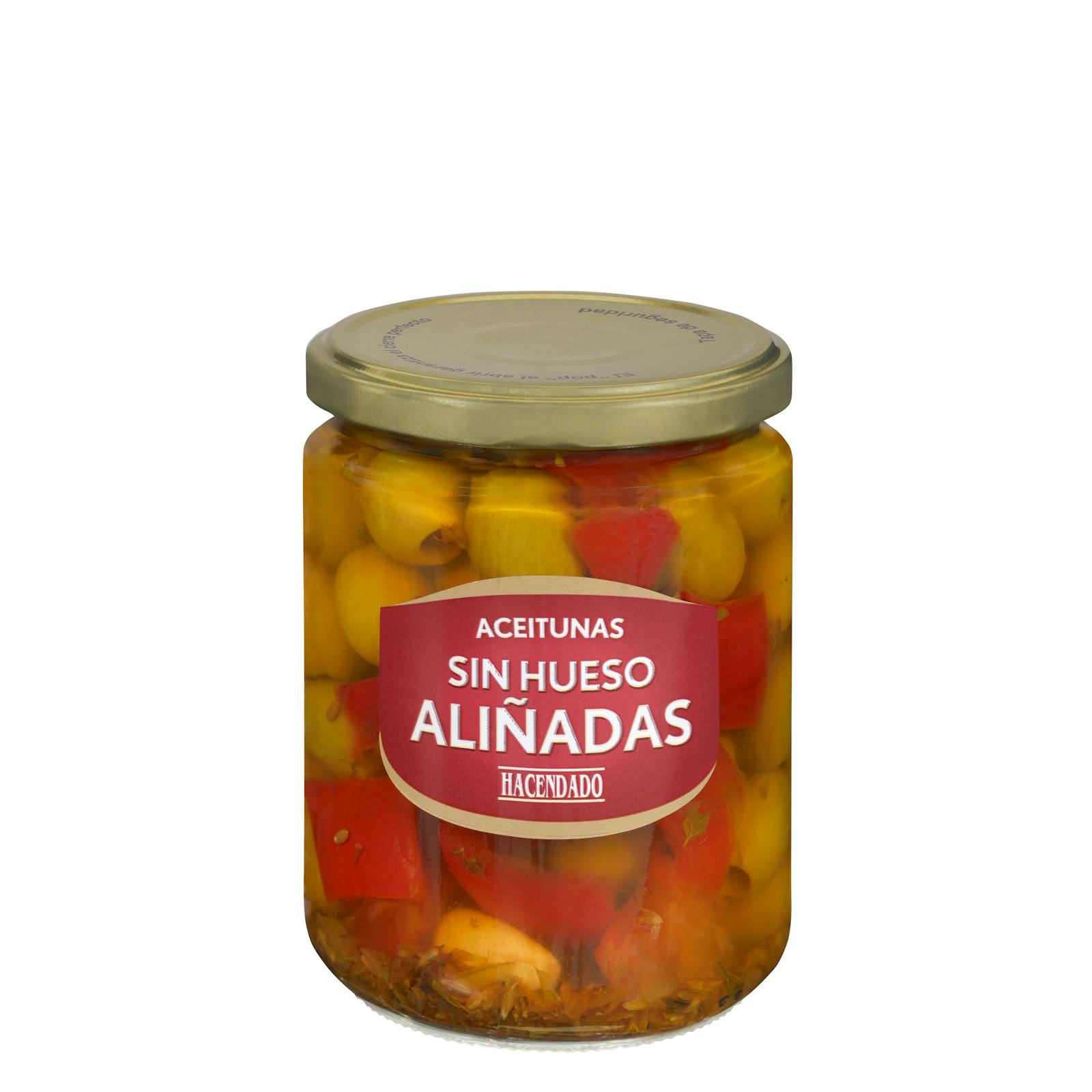 Olives vertes dénoyautées habillées à la mode hacendado