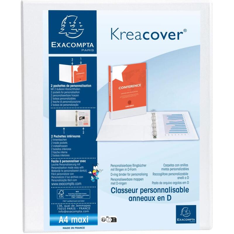 Classeur 2 anneaux cartonné Exacompta Kreacover® personnalisable A4 maxi - Dos 4,7 cm blanc