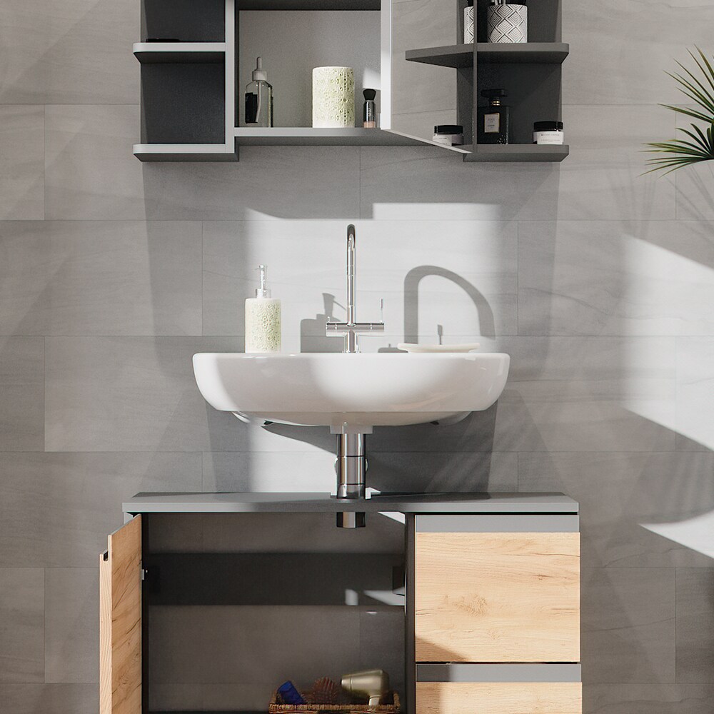 Vicco Badmöbelset J-shape Anthrazit Eiche modern Badezimmer Schrank Badschrank Waschtischunterschrank Spiegelschrank Schranktür Schrankschublade Aufbewahrung