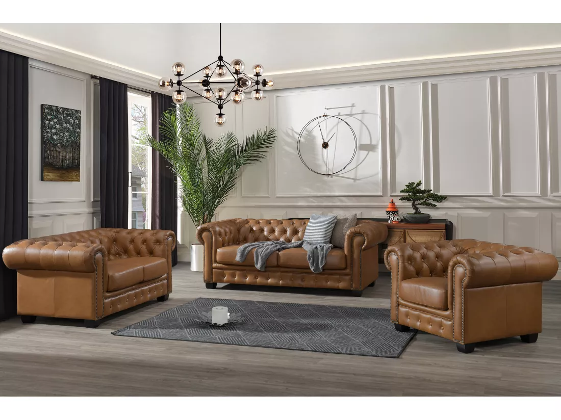 Canapé chesterfield 2 places BRENTON 100% cuir de buffle premium - Caramel vintage