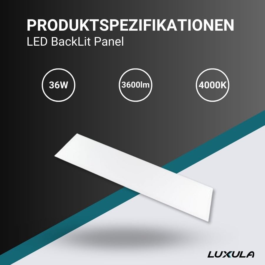 LUXULA 6er Pack LED Panel 120x30cm - 4000K Neutralweiß 36W 3600lm flimmerfrei - Backlit - Rasterleuchte Einbaupanel für Rasterdecke - Bürolampe inkl. 230V Netzteil