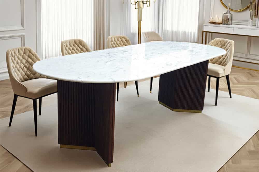Ovaler Esstisch GATSBY 240cm braun gold Mangoholz weiße Marmorplatte V-Gestell