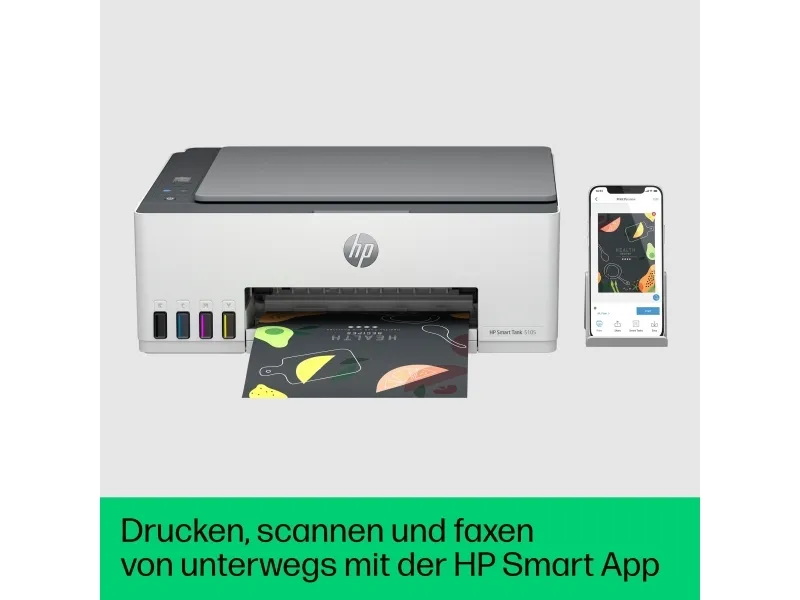 HP Smart Tank 5105 All-in-One - Multifunktionsprinter - farve - blækprinter - kan genopfyldes - Legal (216 x 356 mm) (original) - A4/Legal (medie) - op til 10 spm (kopiering) - op til 12 spm (udskriver) - 100 ark - USB 2.0, Wi-Fi(n), Bluetooth - lys