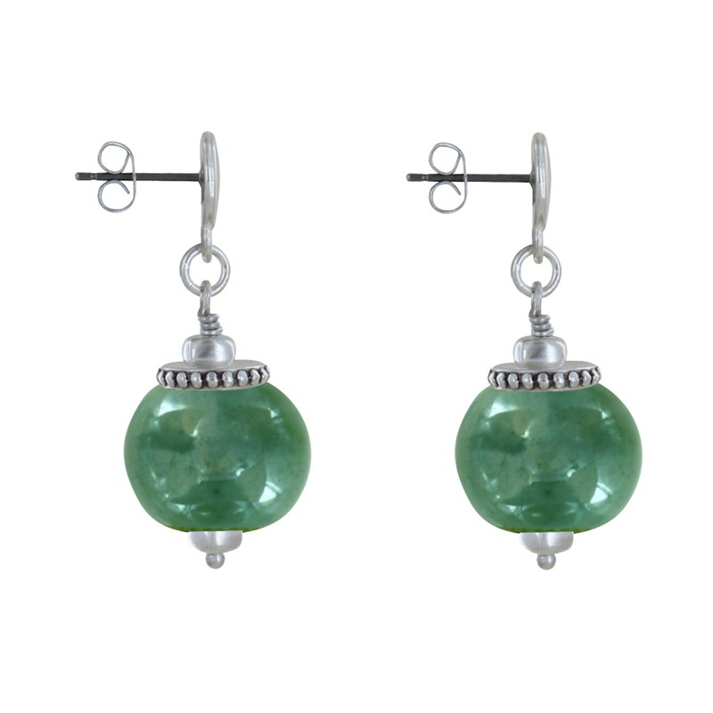 Boucles d'Oreilles Clous Métal Argenté et Grosses Perles en Céramique