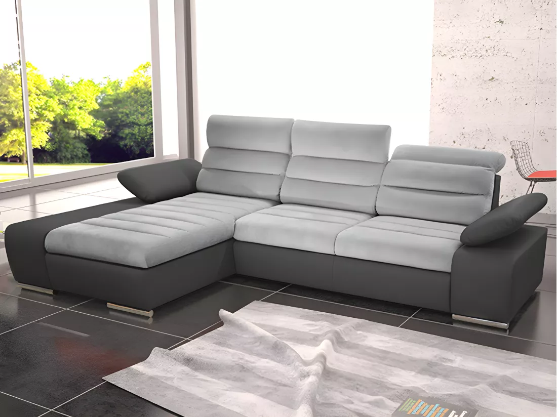 Canapé d'angle convertible en tissu et simili MIRABEAU - Bicolore beige/marron - Angle gauche