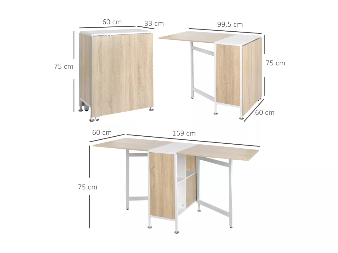 Table pliable de cuisine salle à manger 4 niches intégrées dim. dépliées 169L x 62l x 75H cm MDF chêne clair acier blanc