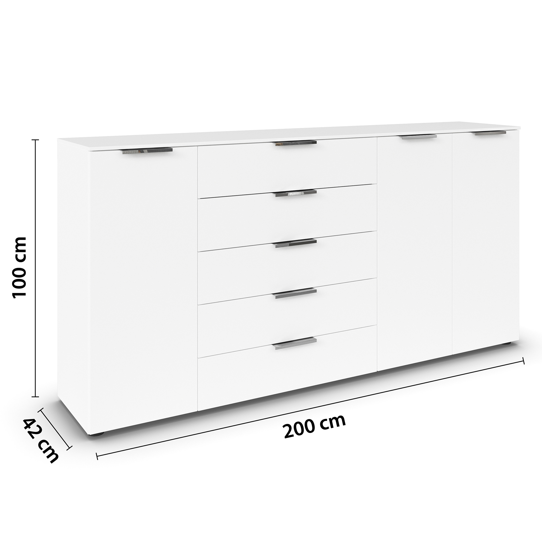Kommode - alpinweiß - Chromgriffe - 199 cm