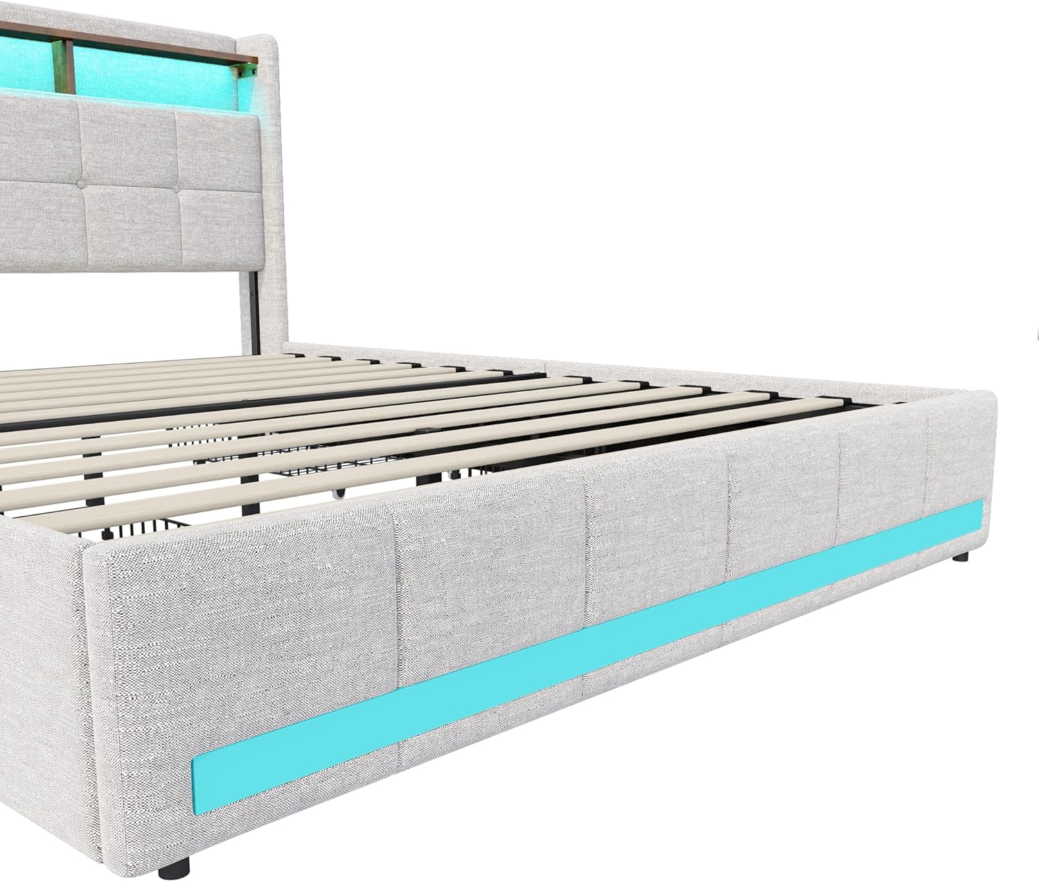Bett 140x200 mit LED und USB, Polsterbett Doppelbett mit Stauraum-Kopfteil und 4 Schubladen, Stauraumbetten Jugendbett Bettgestell mit Lattenrost, Leinen in Beige, Ohne Matratze