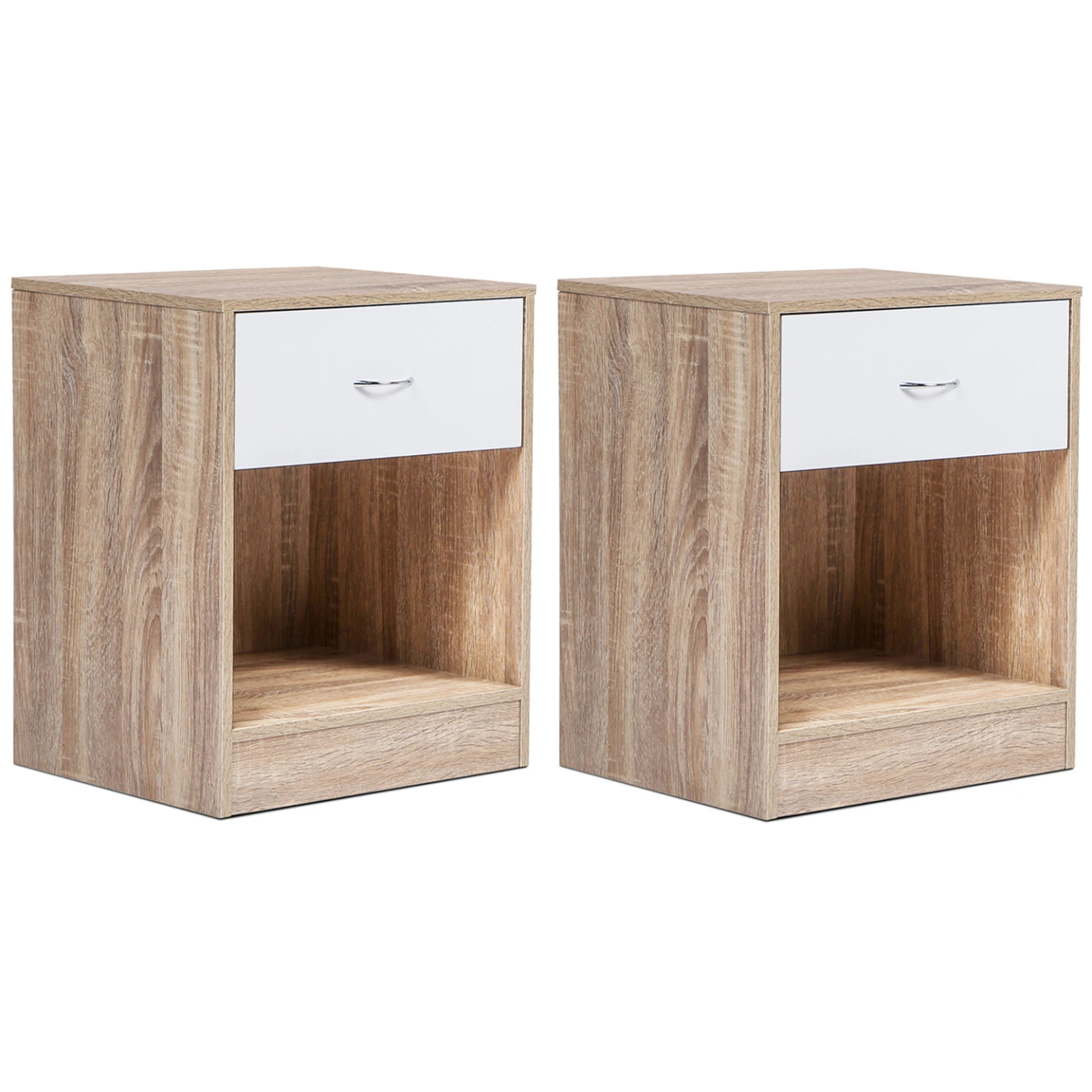 Lot de 2 tables de chevet OLGA 1 tiroir avec niche bois façon hêtre et tiroir blanc