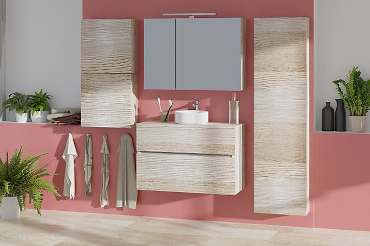 Meuble sous-vasque faible profondeur à suspendre Calao aspect chêne clair 90 cm + plan de toilette