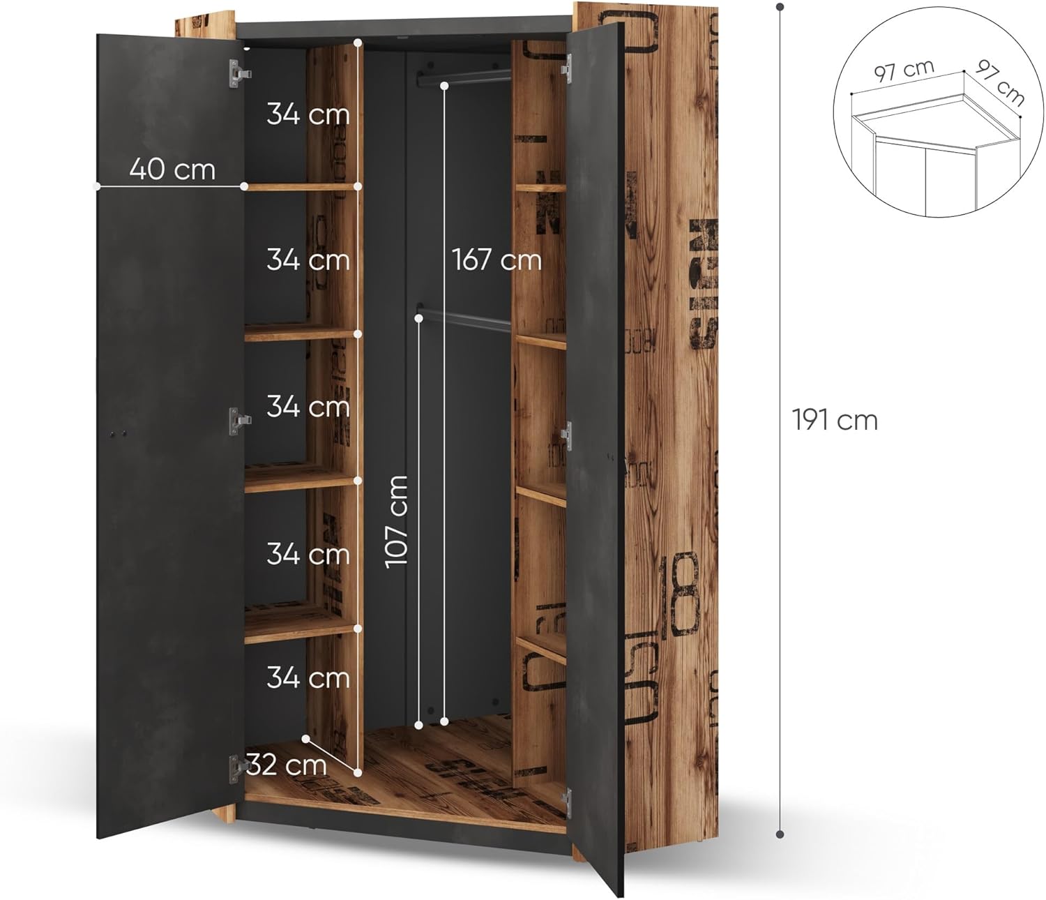 Generisch Jugendzimmer Set Fargo, Mehrfarbig, 90x200cm Bett ohne Matratze, Modern, Montage erforderlich, Rechteckig, Wandmontage, 5-teilig mit Schreibtisch, Eckschrank und Nachtschrank