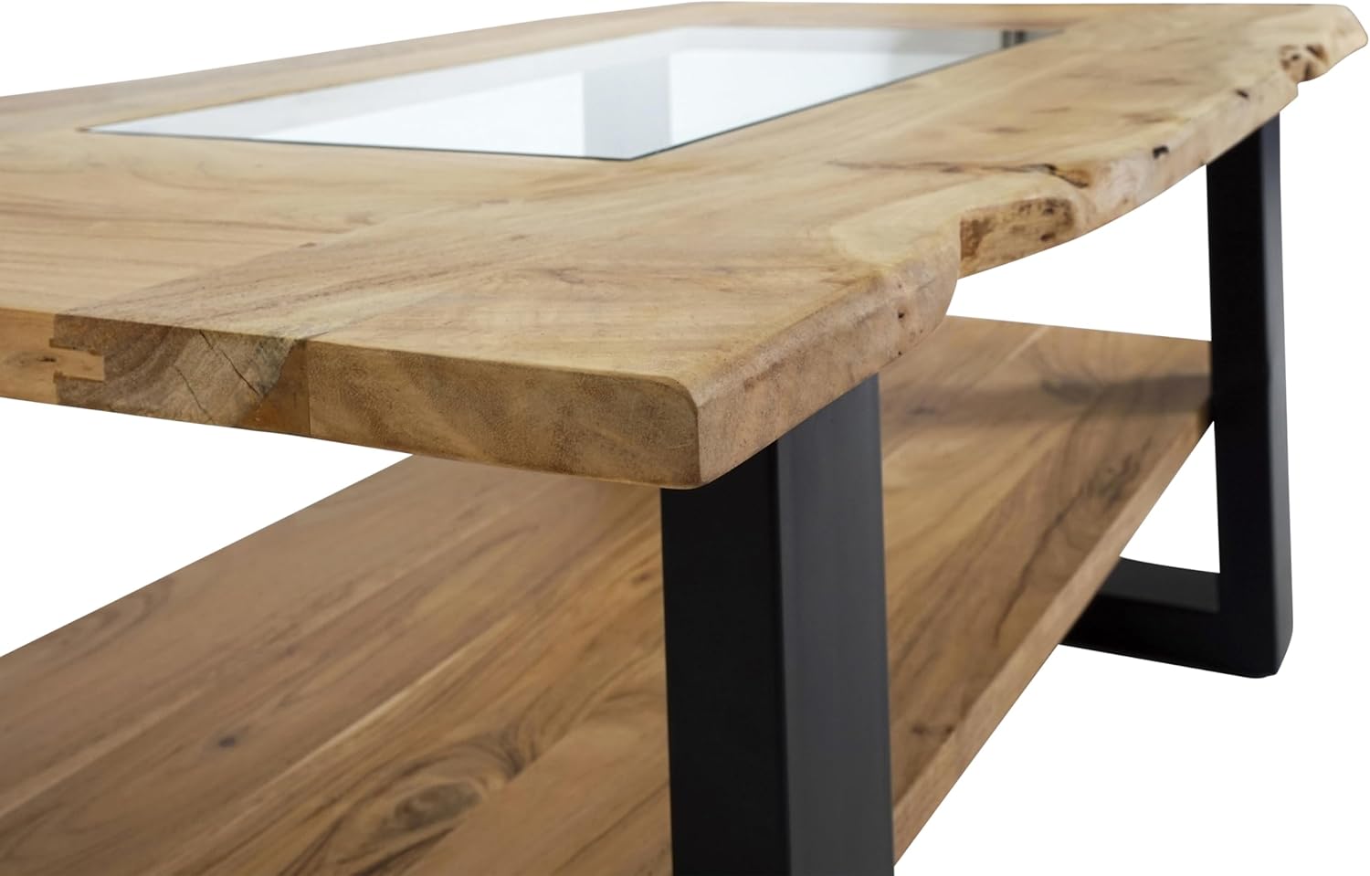 SAM Couchtisch 115x65 cm Patrick, Sofatisch mit Ablage und Glasplatte, Akazienholz massiv + naturfarben, Beistelltisch mit schwarzem U-Metallgestell, echte Baumkante