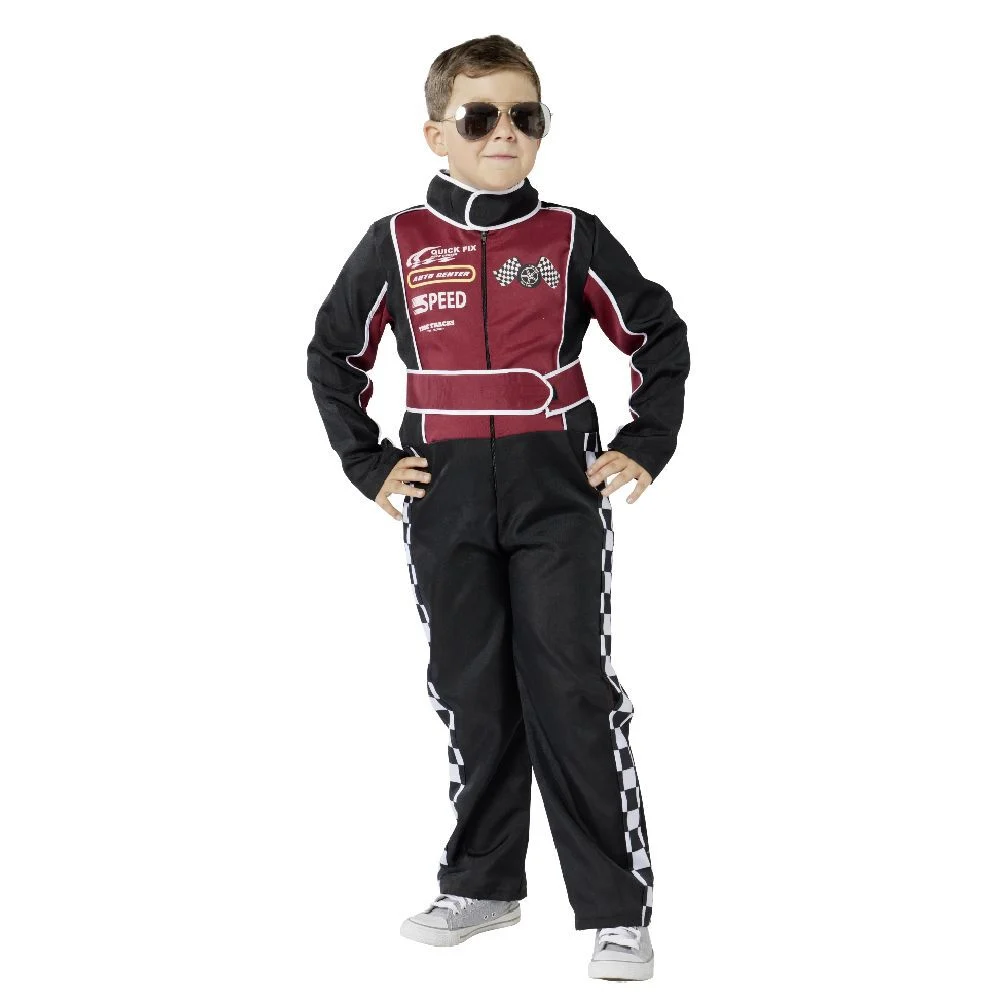 Costume pilote de course rouge et noir 7/10 ans