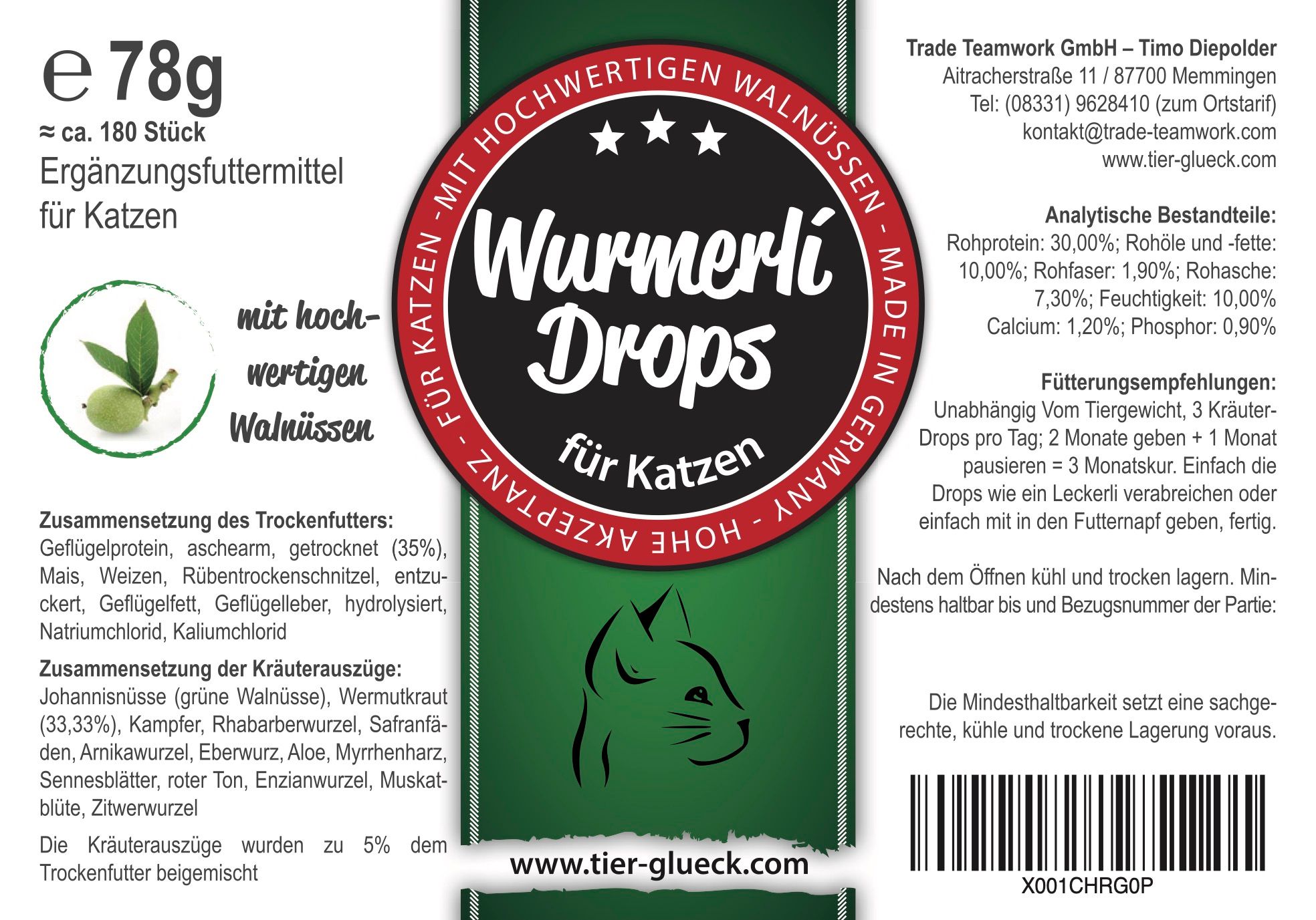 TierGlück Wurmerli® Drops mit Walnuss & Angelikawurzel für Katzen
