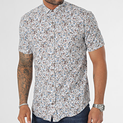 Chemise Manches Courtes Blanc Bleu Clair Floral
