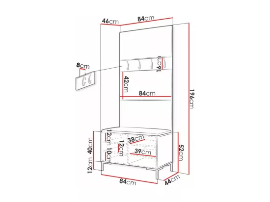 Meuble d'entrée Tivsoa 102, 196x84x46cm, Blanc, Stratifié|Faux cuir, À suspendre|À poser