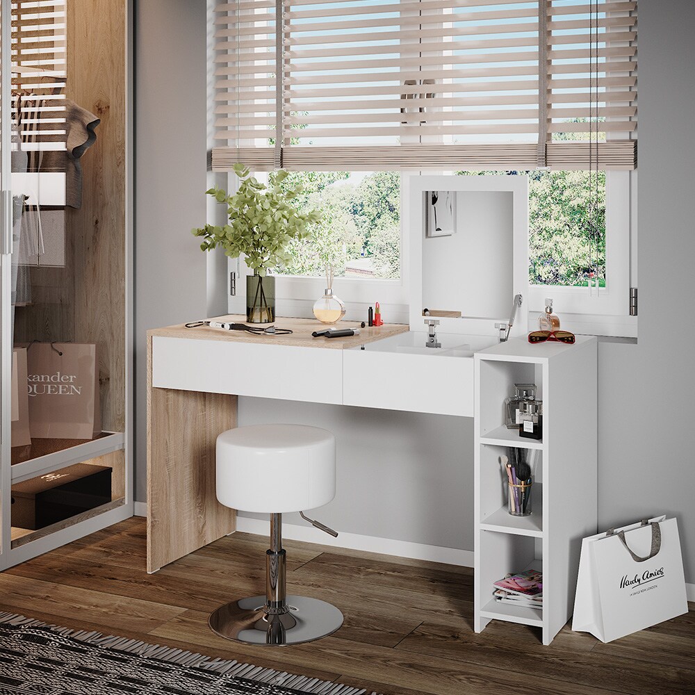 Vicco Schminktisch Kira, 129 x 76 cm, Weiß Sonoma, Frisiertisch, Spiegel, Hocker, modern