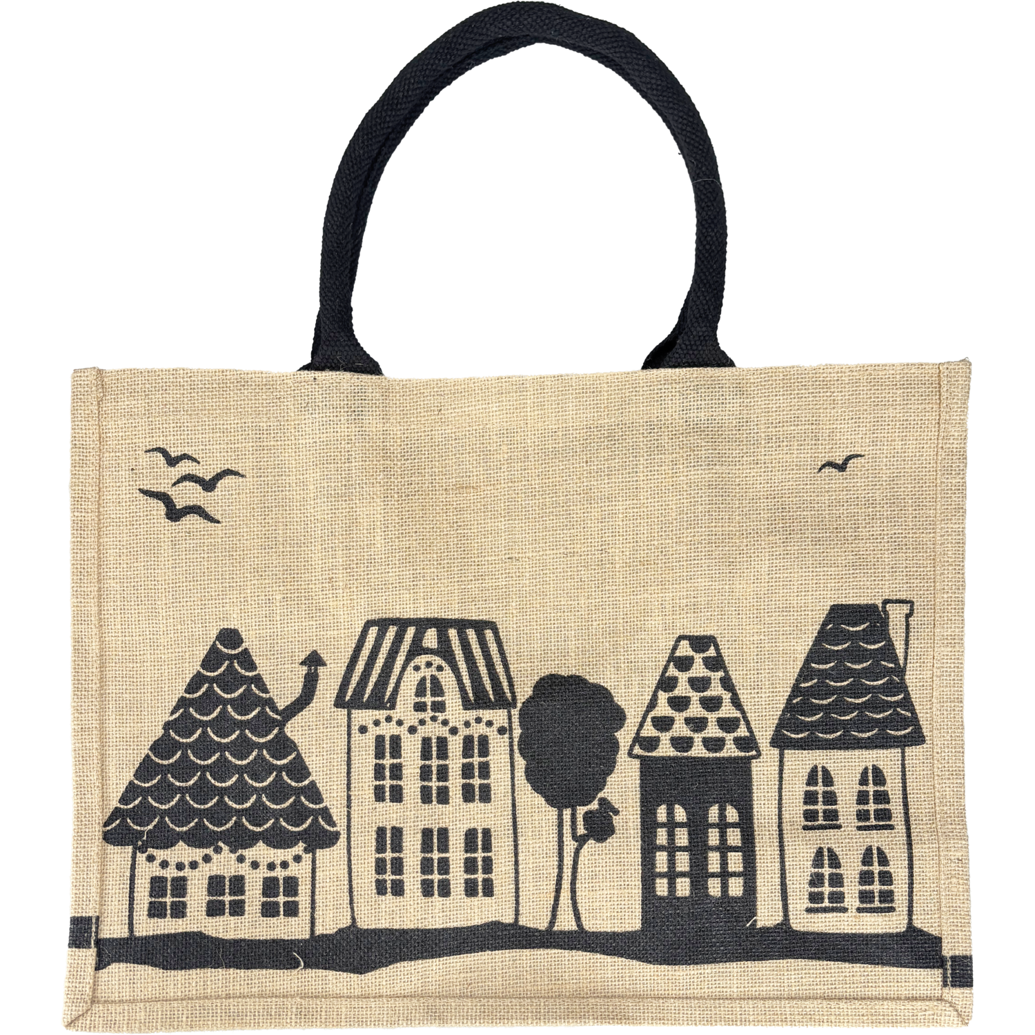Shopper, Kerstmis, Jute, Huisjes, 43x 20x34cm, naturel/zwart