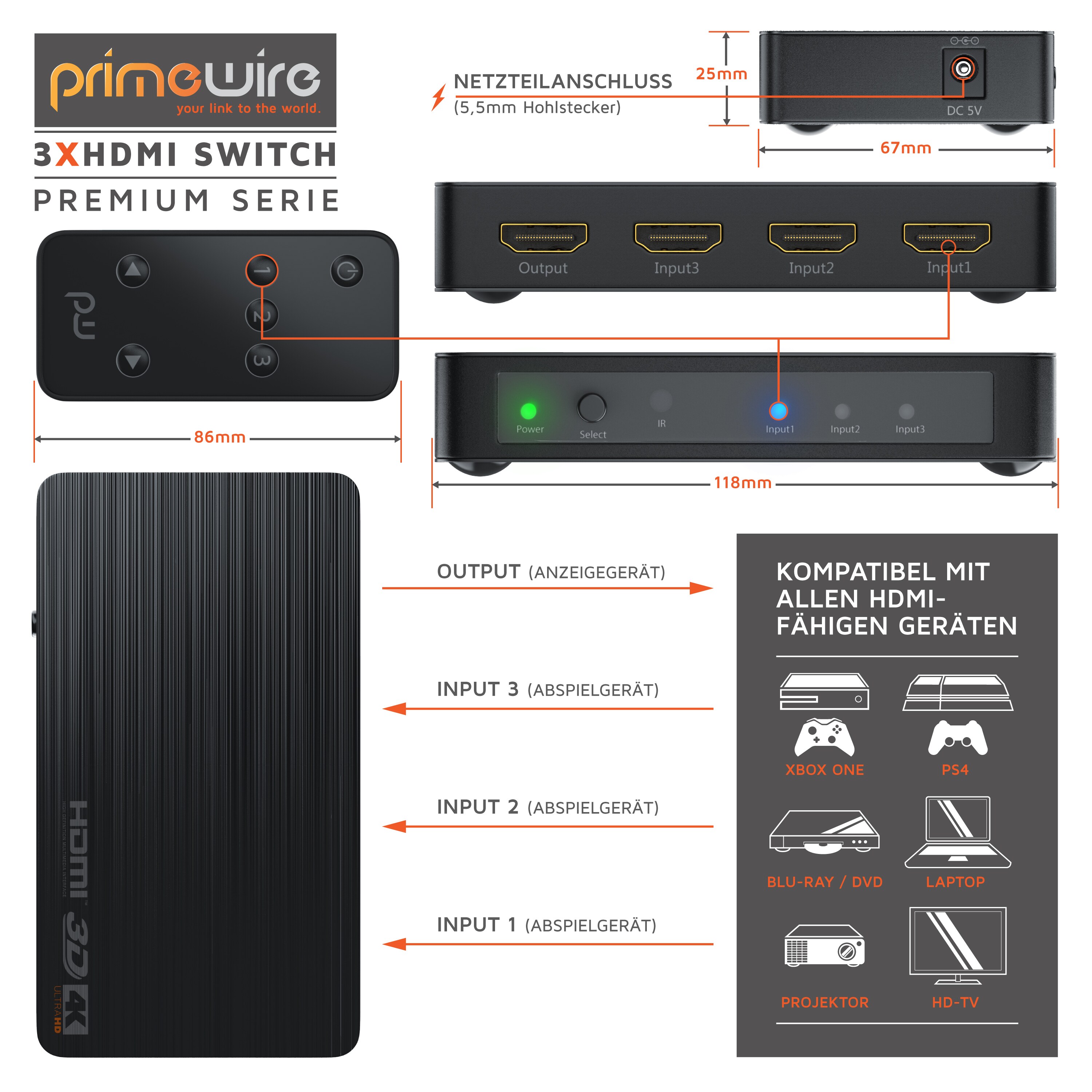 Primewire Ultra HD 4k 3-Port HDMI Umschalter inkl. Fernbedienung 3x HDMI IN / 1x HDMI OUT