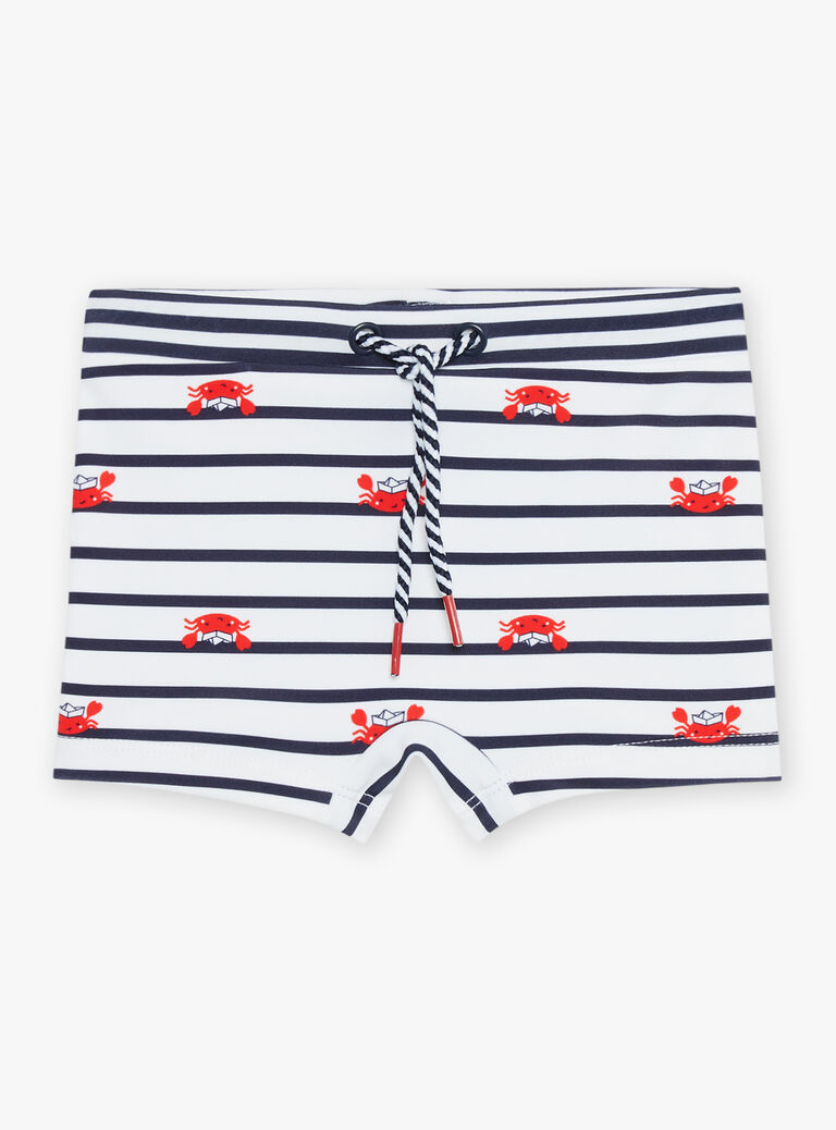 Boxer de bain bleu marine et blanc à imprimé à rayures et crabes