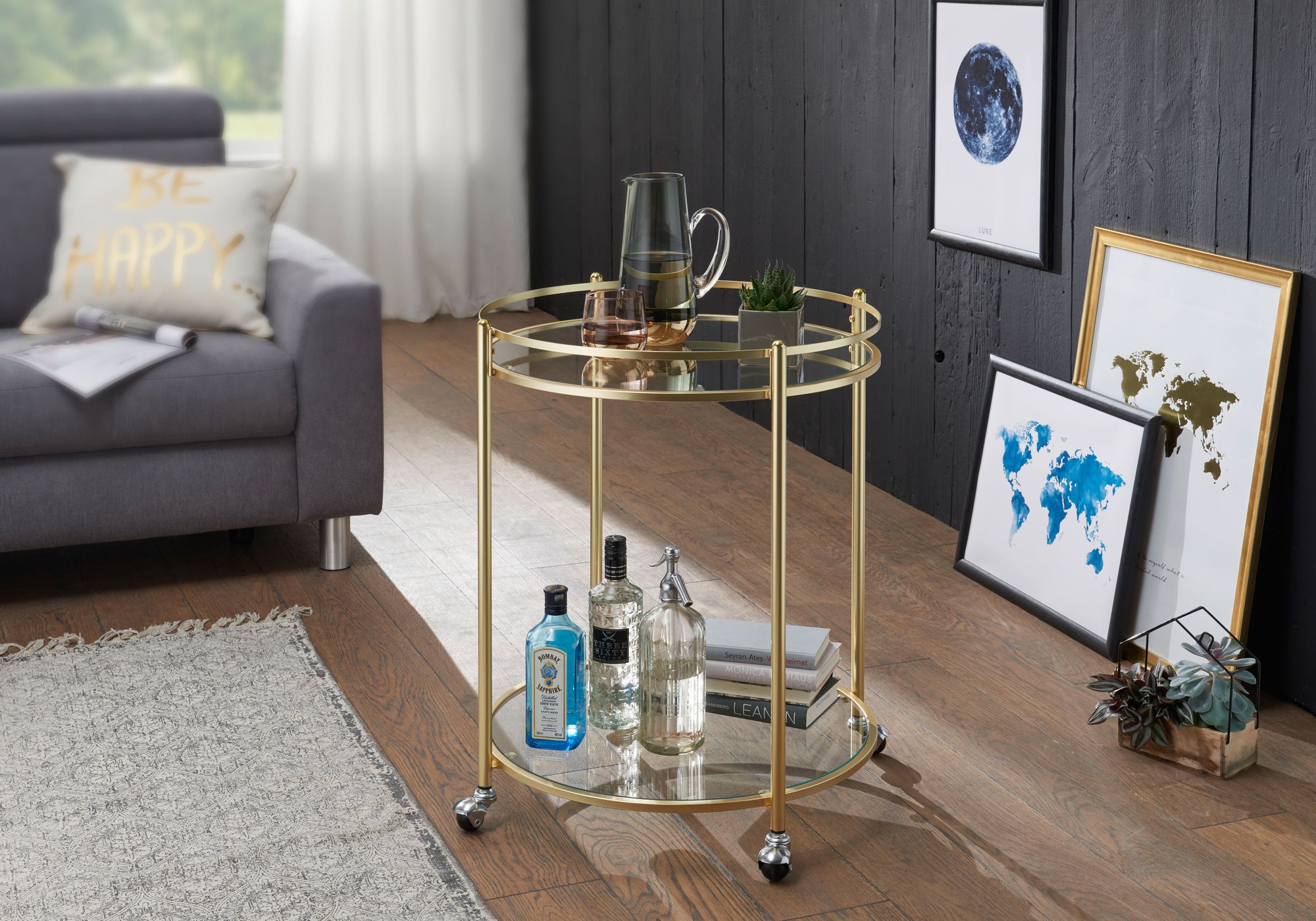 KADIMA DESIGN Goldener Servierwagen, mobiler Beistelltisch, Sicherheitsglas, Mehrzwecknutzung.
