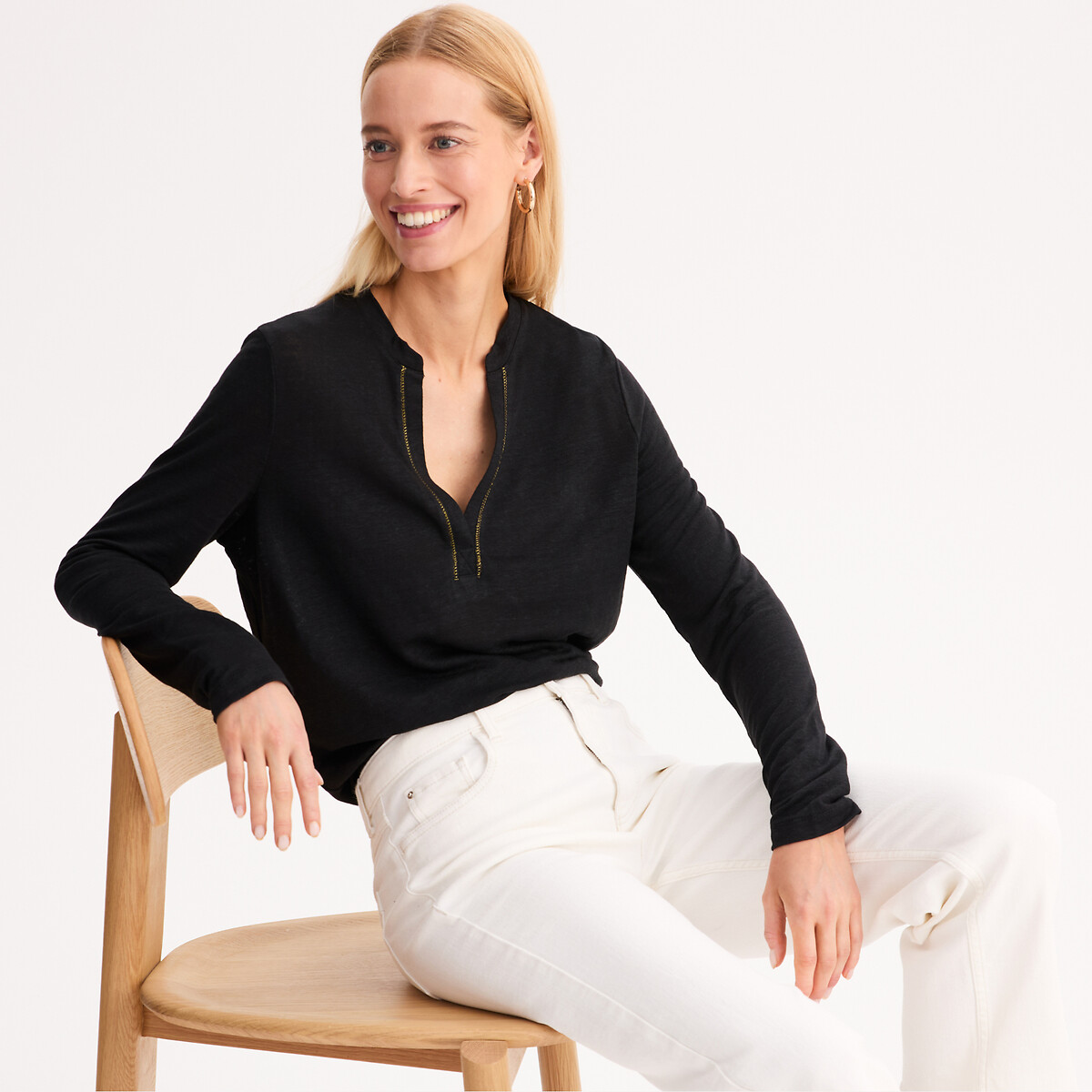 ANNE WEYBURN<br>Camiseta de linho, gola túnica, mangas compridas