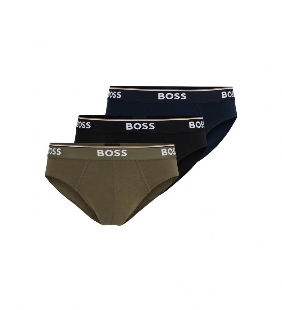 Pacote com 3 cuecas BOSS nas cores preta, verde e azul-marinho.