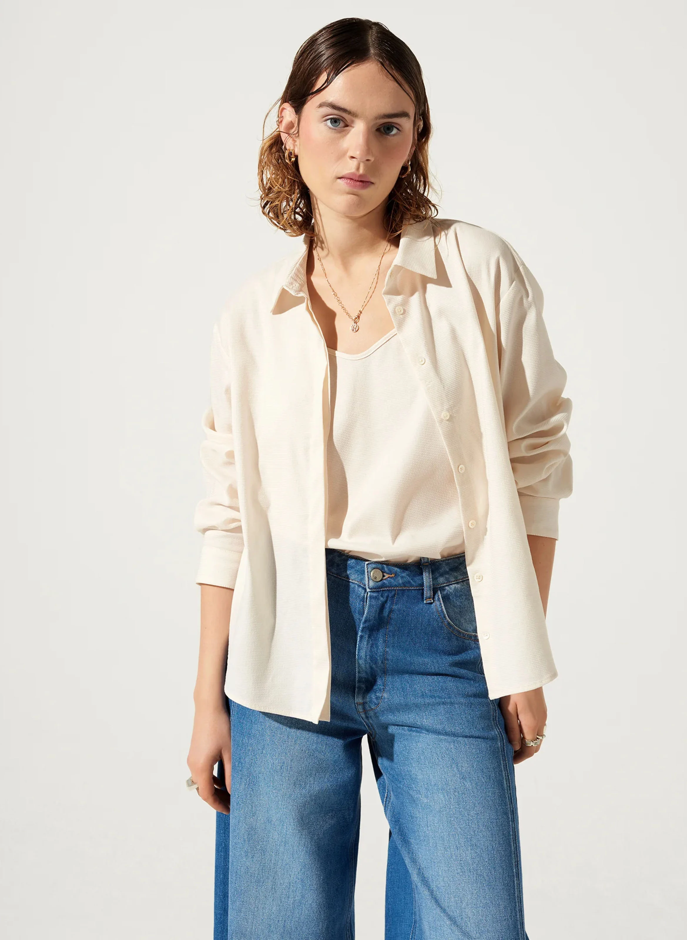 JANE - Chemise droite gaufrée en coton mélangé | Blanc