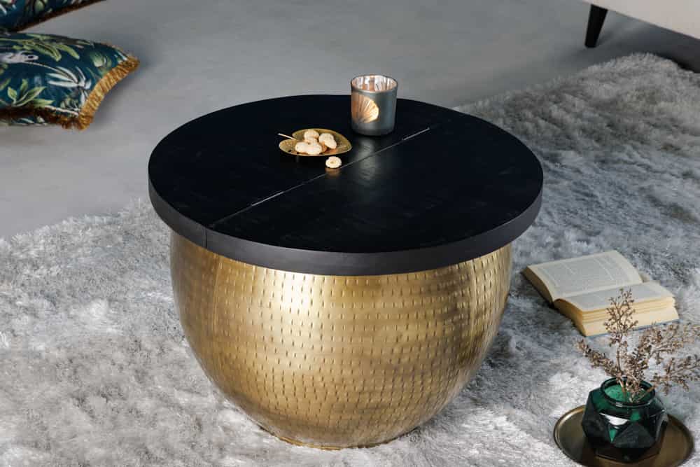 Runder Couchtisch DRUMP STORAGE 60cm gold schwarz Mangoholz Metall mit Stauraum Hammerschlag