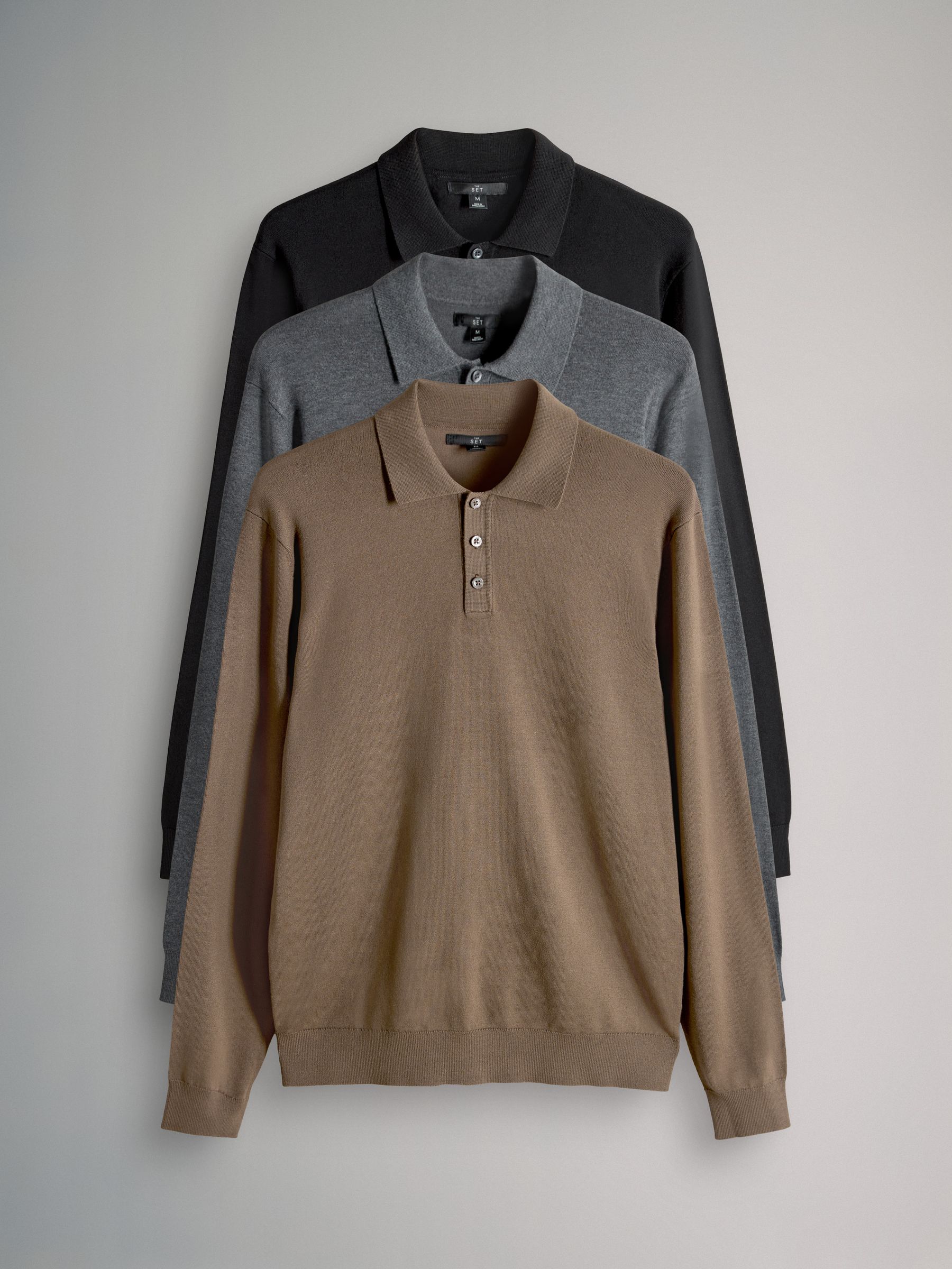 Zwart/grijs/bruin - The Set 3 Pack Gebreide Polo Truien met Lange Mouwen