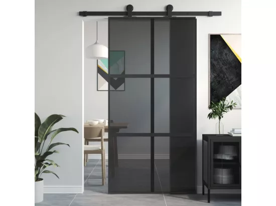 Porte coulissante noir 102,5x205 cm verre trempé aluminium