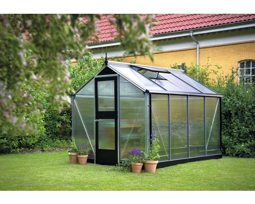 JULIANA Compacte kas 6,6 m² met 10 mm dubbelwandige polycarbonaat panelen 224 x 296 cm aluminium