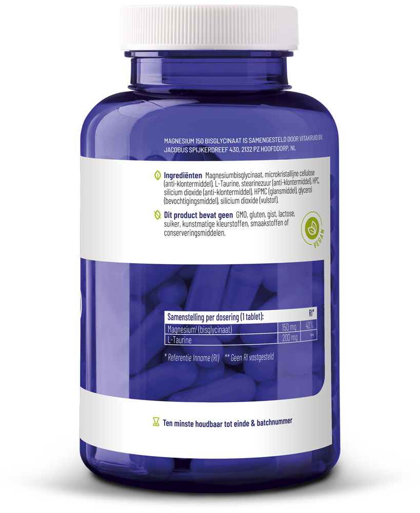Vitakruid Magnesium 150 Bisglycinaat Met 200Mg L-Taurine (180 tabletten)